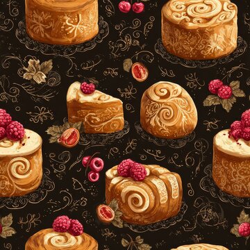 Detailed vector pattern of hand-illustrated lambeth cakes with ornate swirls, fruit garnish, and vintage bakery charm in seamless layout