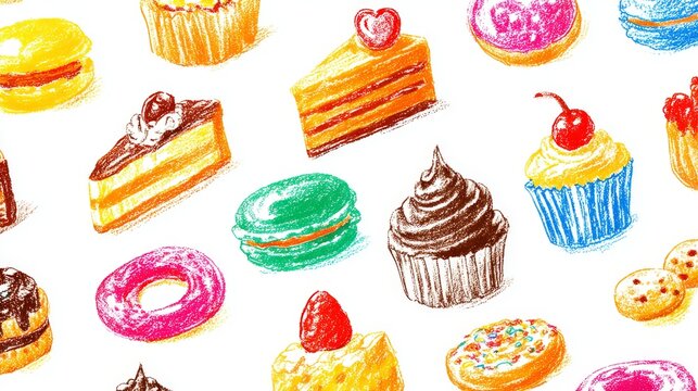 Playful crayon-style drawings of assorted desserts including cakes, cookies, donuts, and muffins, bright childlike colors on white background