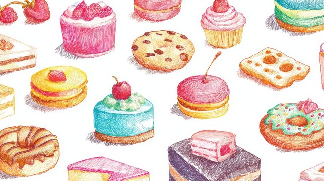 Playful crayon-style drawings of assorted desserts including cakes, cookies, donuts, and muffins, bright childlike colors on white background