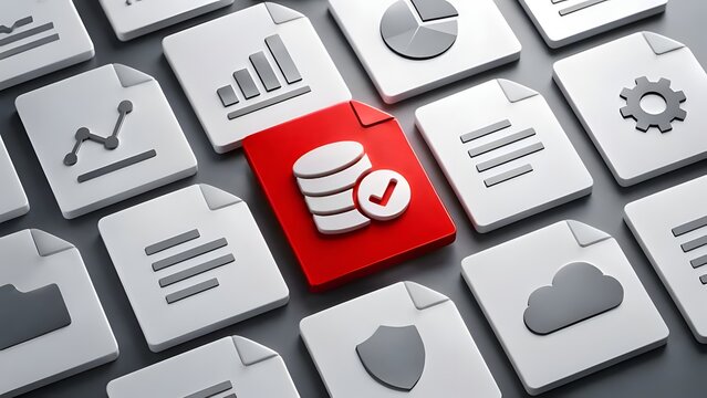 Red database icon with checkmark standing out in a grid of business files indicating successful data backup and secure server storage