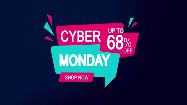 Cyber monday sale motion 68% off discount promotion banner with shop now button for e-commerce marketing and retail advertising