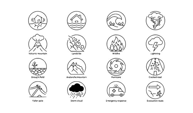 Minimal Natural Disaster Thin Outline Vector Icons