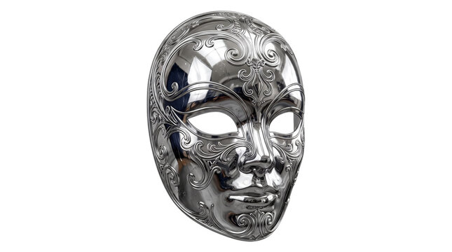 Ornate silver venetian mask with filigree engraving, polished chrome masquerade face mask, metallic carnival disguise on white background