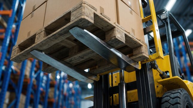 Yellow forklift tines lifting a wooden pallet with cardboard boxes in a warehouse, capturing industrial logistics operations and supply chain management for freight and distribution marketing.