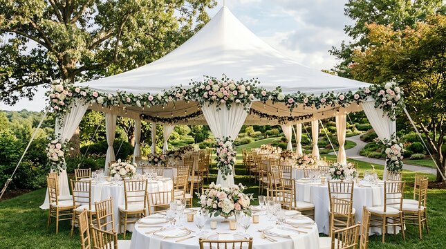 Elegant outdoor wedding reception with white tent floral decorations and round tables in a lush green garden setting
