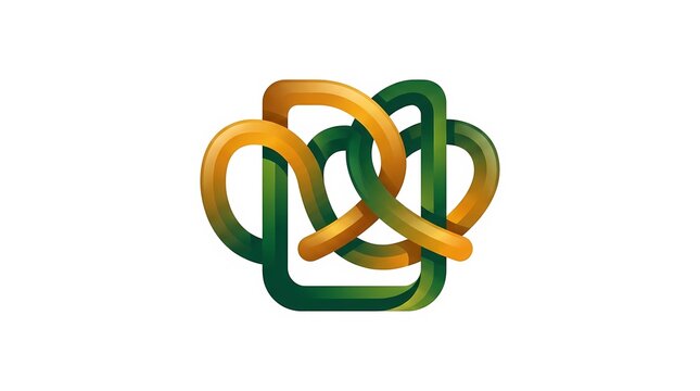 Abstract 3D intertwined glossy ribbon knot logo design featuring green and gold gradient shapes on a clean white background
