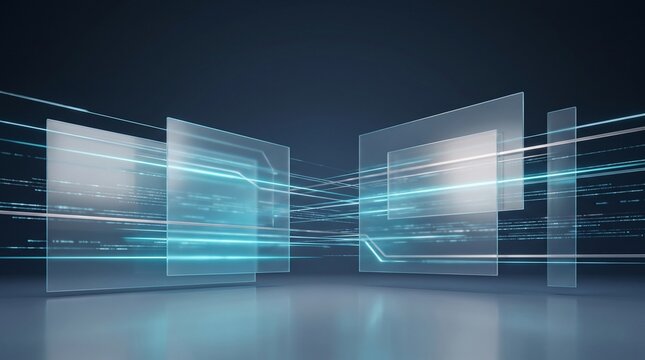 Futuristic digital glass panels displaying light trails and glowing data streams in a dark virtual studio.
