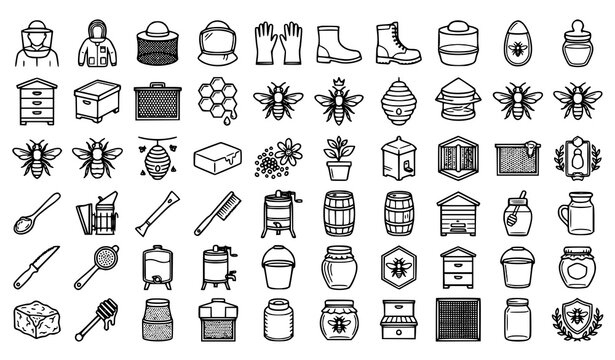 Beekeeping Apiary Honey Production and Bee Farming Line Icons Vector Set