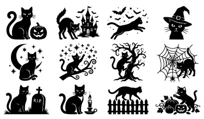 Obraz premium Halloween Icons Set with Cats, Bats, Pumpkins, and Spooky Elements