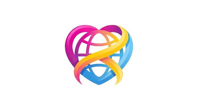 Colorful heart globe logo vector illustration with ribbon shape wrapping around a planet on white background