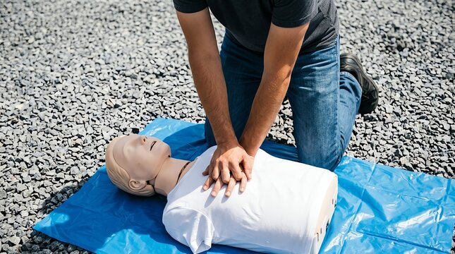 Male instructor performing life saving cpr compressions on medical dummy during first aid training outdoors