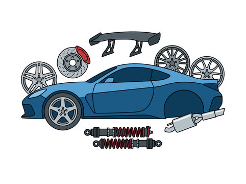 Cartoon Style Sports Car Tuning Parts and Components Illustration