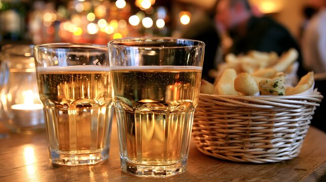 Two glasses of light beer on a wooden bar counter with a basket of bread rolls snack basket evening drinks refreshing beverage cold beer drinking glasses wooden table bokeh background beer mug