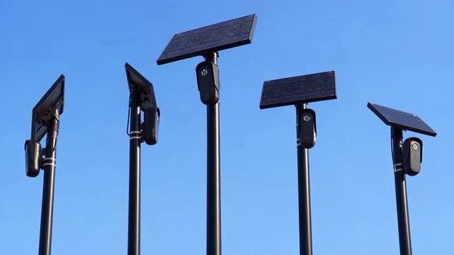 Solar Powered Surveillance Cameras Against a Clear Blue Sky