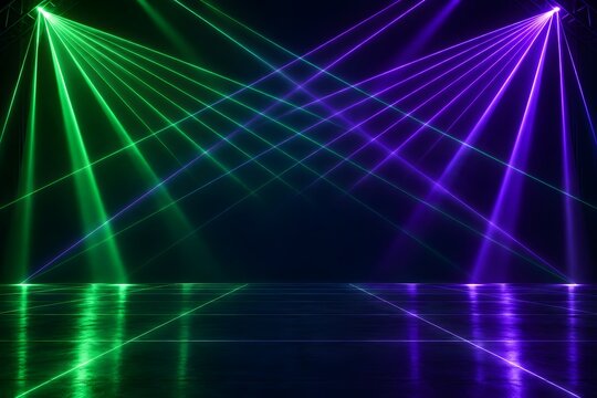Green and violet laser beams crossing over a dark reflective club stage