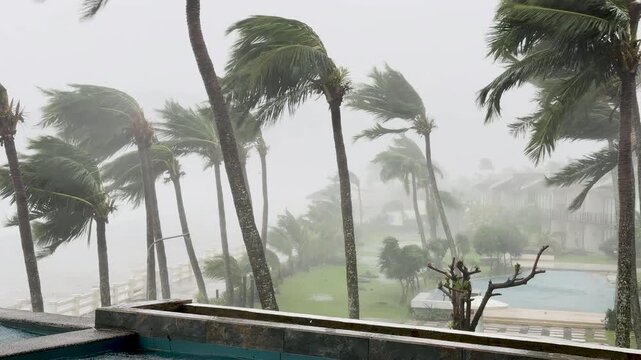 Extreme Hurricane Winds Drive Sheets Of Rain Across Tropical Coastline