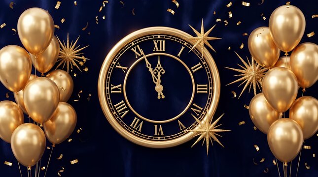 Luxury New Year background with golden midnight clock balloons and copy space