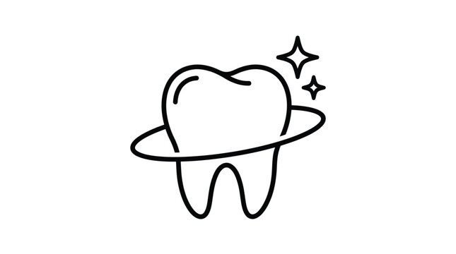 Clean tooth icon design featuring bright sparkles and a simple orbital ring element in flat black line style against a plain white background for dental