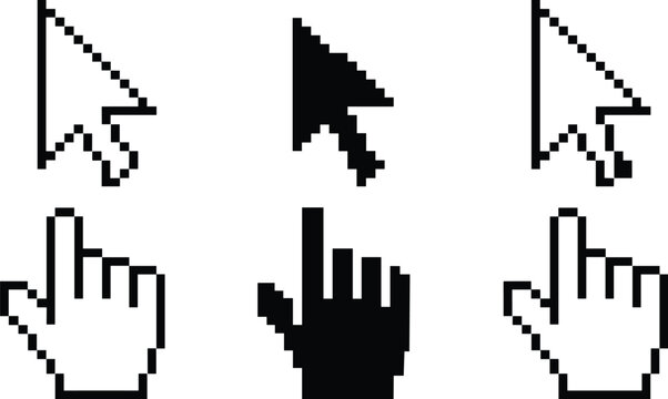 Classic pixelated computer mouse cursor set featuring black and white retro arrow pointers and hand clicking icons