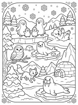 Cute polar animals winter wonderland penguin and polar bear coloring page line art