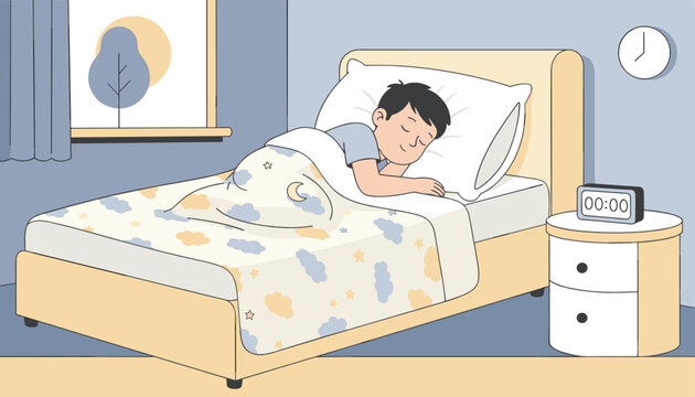 Young boy sleeping peacefully in a cozy comfortable bed under a blanket with cloud pattern at midnight on a quiet night.
