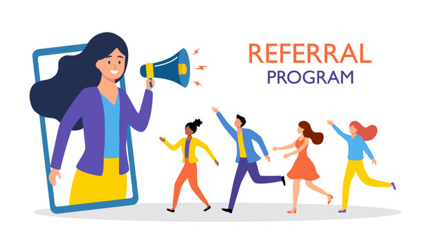 Referral Program Business Concept. Salesperson Character Shouting to Megaphone Attracting Audience to Refer Friends