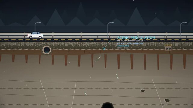 Educational 2D animation showing the geological process of a karst sinkhole formation and subsequent collapse under a highway causing vehicles to fall into the stabilized chasm