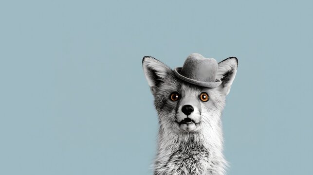 Cute fox wearing a hat on a light blue background, unique and stylish
