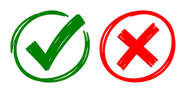 Hand Drawn Green Check Mark and Red Cross Mark Brush Vector