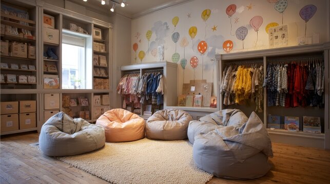 Cozy corner of a children s store featuring reading nook with beanbags, soft rugs, wall decals of balloons and stars, racks of miniature jackets and hats nearby