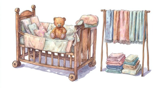 Charming vector watercolor illustration of a wooden baby crib with soft bedding, teddy bear sitting inside, pastel rack with folded blankets, subtle hand-painted textures