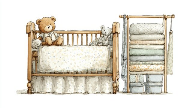 Charming vector watercolor illustration of a wooden baby crib with soft bedding, teddy bear sitting inside, pastel rack with folded blankets, subtle hand-painted textures