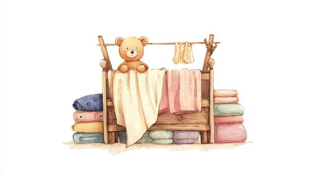 Charming vector watercolor illustration of a wooden baby crib with soft bedding, teddy bear sitting inside, pastel rack with folded blankets, subtle hand-painted textures