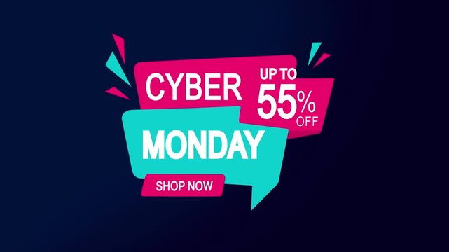 Cyber monday sale motion up to 55% off discount promotion banner with shop now button for e-commerce marketing and retail advertising