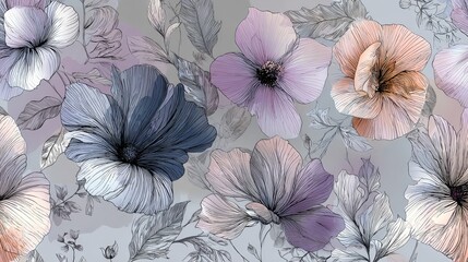 Fototapeta premium Artistic hand-sketched floral design with abstract blooms and fine leafy details, soft color gradients for a modern botanical feel