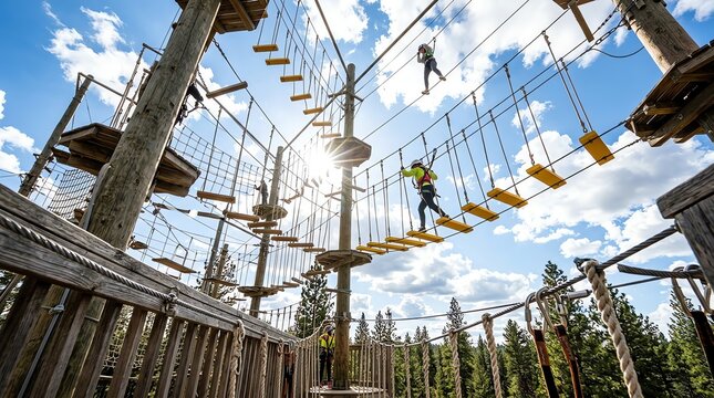 Brave adventurers navigate challenging obstacles high above the forest floor on an exciting outdoor ropes course, embracing nature and outdoor recreation