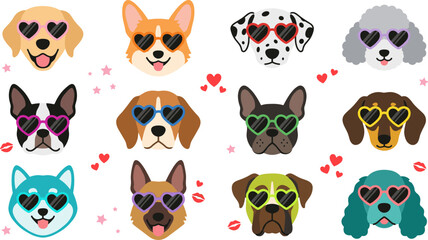 Obraz premium Cute Dog Breed Avatar Icon Set Wearing Heart Shaped Sunglasses for Valentine Day, Pet Shop Graphic Design Elements, and Cartoon Animal Vectors