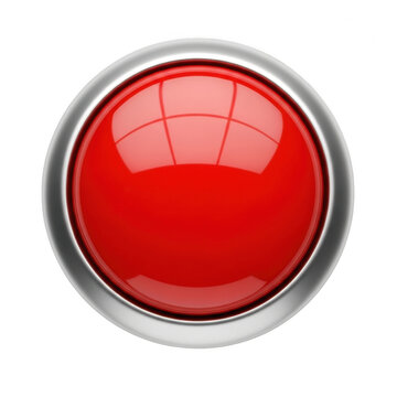 Glossy red circular push button with metallic silver border isolated on white