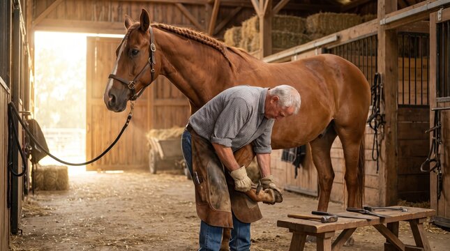 Professional farrier trimming a brown horse hoof inside a warm sunlit rustic stable barn.