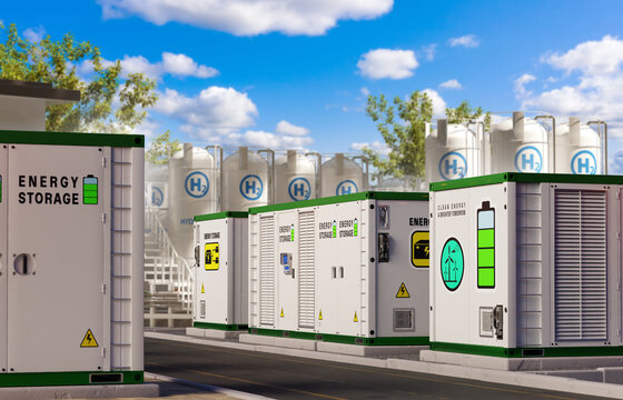 Energy storage, battery containers store and redistribute electricity at a hydrogen production facility using clean energy technology.