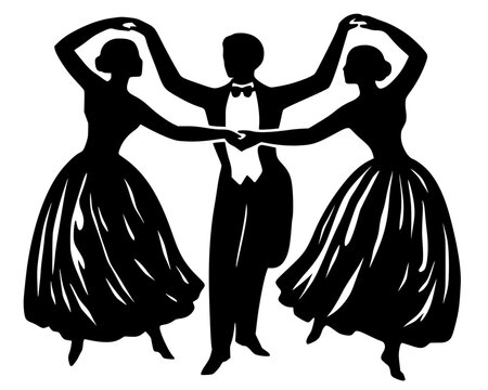Black silhouettes of three dancers in formal attire, bold vector design symbolizing elegance, symmetry, and classical performance.