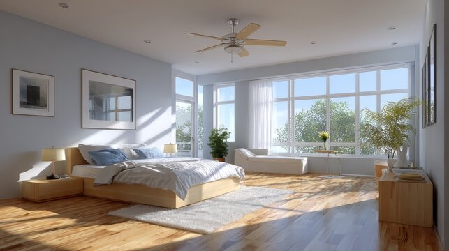 Interior view of a modern bedroom with ceiling fan, polished wood flooring, abundant sunlight, and minimalist furniture arrangement