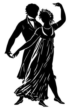Black silhouettes of two dancers in formal attire, bold vector design symbolizing elegance, romance, and classical performance.