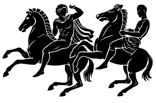 Ancient Greek warriors riding horses silhouette illustration, classical mythology style vector design for historical and ancient civilization concepts.