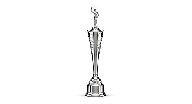Silver trophy cup award with a male figure on top, isolated on white background. Symbol of victory, achievement, and success
