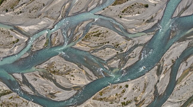 Aerial view of a braided river system with turquoise glacial water flowing through grey gravel riverbeds, sediment deposits, and scattered patches of sparse vegetation in a remote landscape