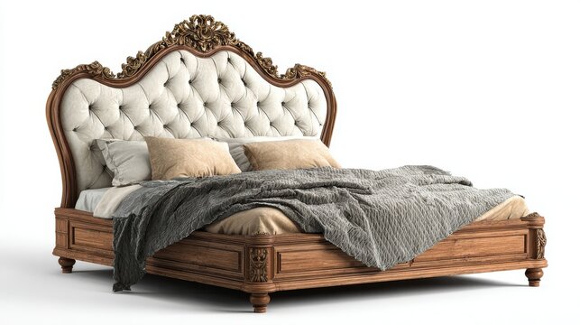 Detailed 3D render of classic bed design with wooden frame and upholstered headboard, isolated on transparent background