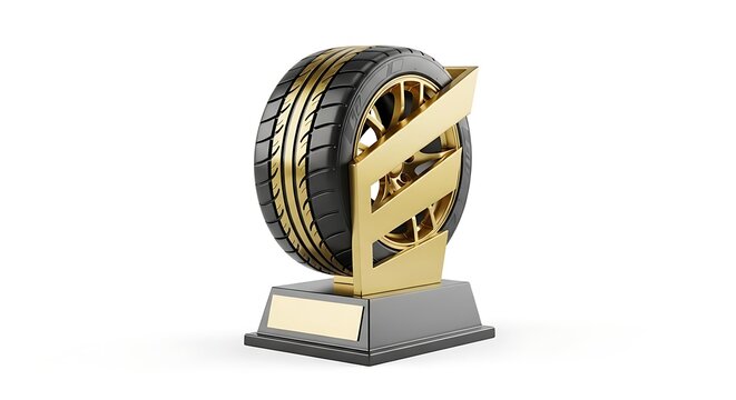 Gold and black car tire trophy award isolated on white background, 3d rendering