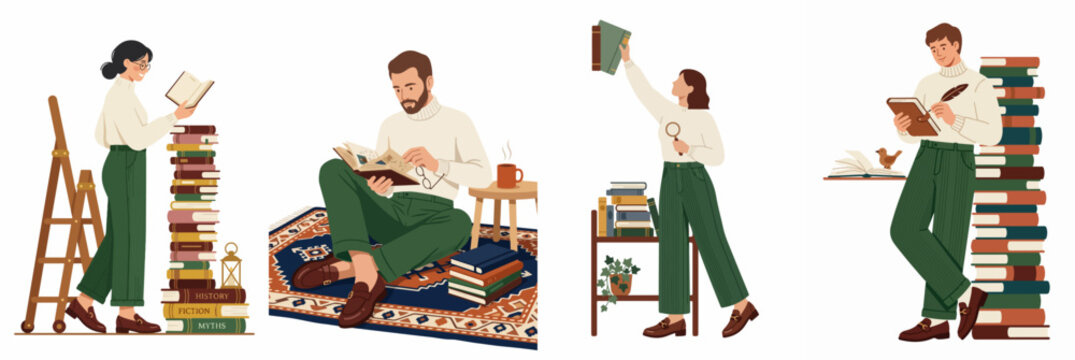 Set of illustrations featuring people reading books, browsing shelves, and relaxing in a cozy library or home environment.
