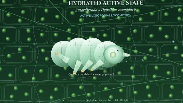 Educational 2D animation of tardigrade Hypsibius exemplaris undergoing cryptobiosis transitioning from hydrated active state into a tun state during anhydrobiosis before rehydration and revival
